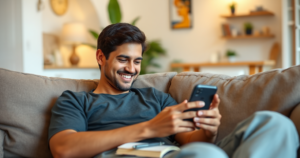 Pessoa sorrindo enquanto simula um empréstimo pessoal pelo celular em casa
