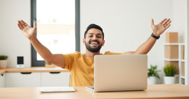 Pessoa comemorando aliviada em frente ao notebook após conseguir empréstimo aprovado